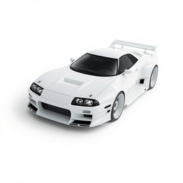 A futuristic spaceship designed to resemble a Nissan Skyline R34, featuring sleek aerodynamic curves and a glossy white finish