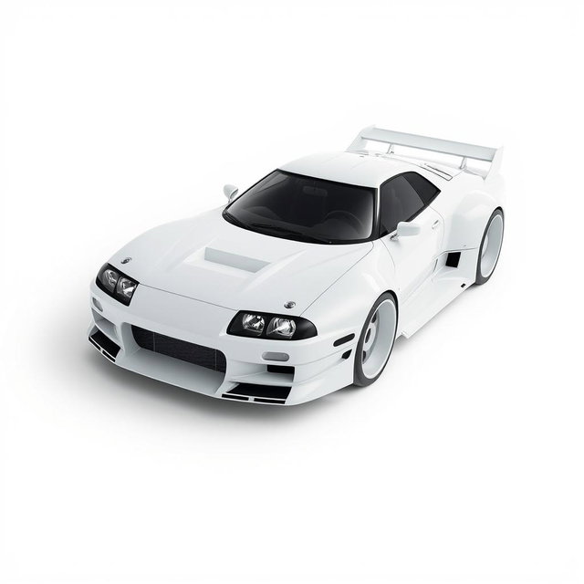 A futuristic spaceship designed to resemble a Nissan Skyline R34, featuring sleek aerodynamic curves and a glossy white finish