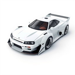 A futuristic spaceship designed to resemble a Nissan Skyline R34, featuring sleek aerodynamic curves and a glossy white finish