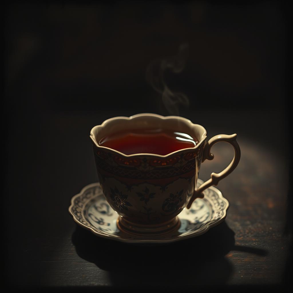 A vintage-style cup of tea, set against a dark, textured background that evokes an old photograph