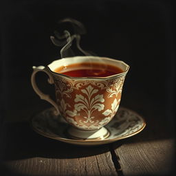 A vintage-style cup of tea, set against a dark, textured background that evokes an old photograph
