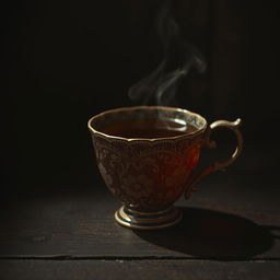 A vintage-style cup of tea, set against a dark, textured background that evokes an old photograph