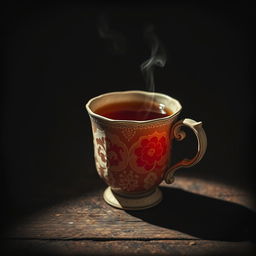 A vintage-style cup of tea, set against a dark, textured background that evokes an old photograph