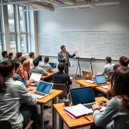 A university classroom filled with students attentively listening to a professor explaining algorithms on a whiteboard
