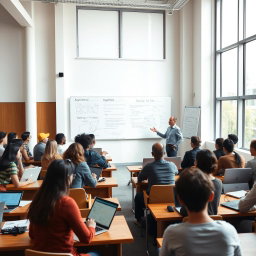 A university classroom filled with students attentively listening to a professor explaining algorithms on a whiteboard