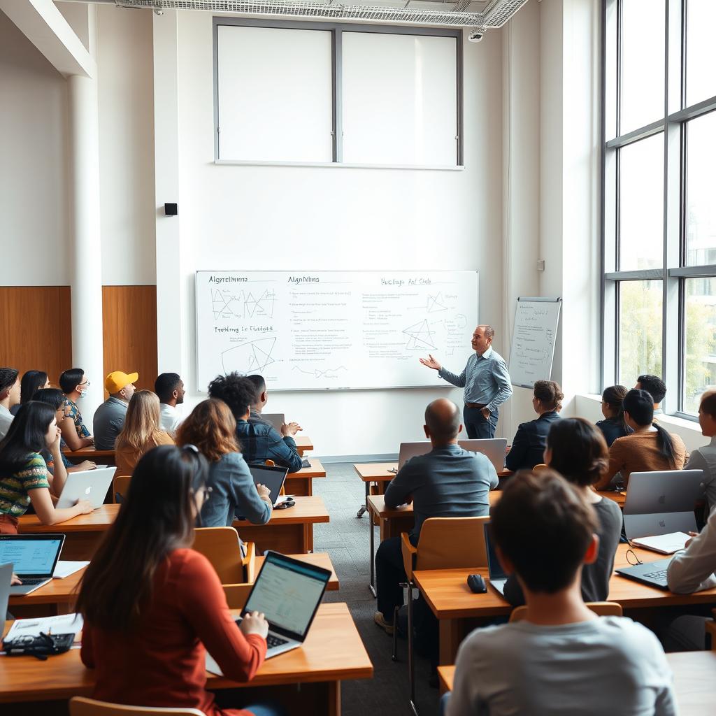 A university classroom filled with students attentively listening to a professor explaining algorithms on a whiteboard
