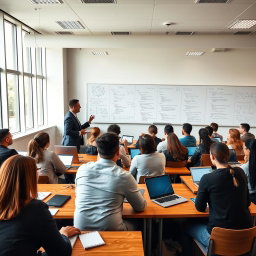 A university classroom filled with students attentively listening to a professor explaining algorithms on a whiteboard