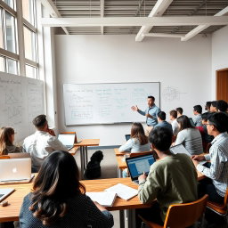 A university classroom filled with students attentively listening to a professor explaining algorithms on a whiteboard