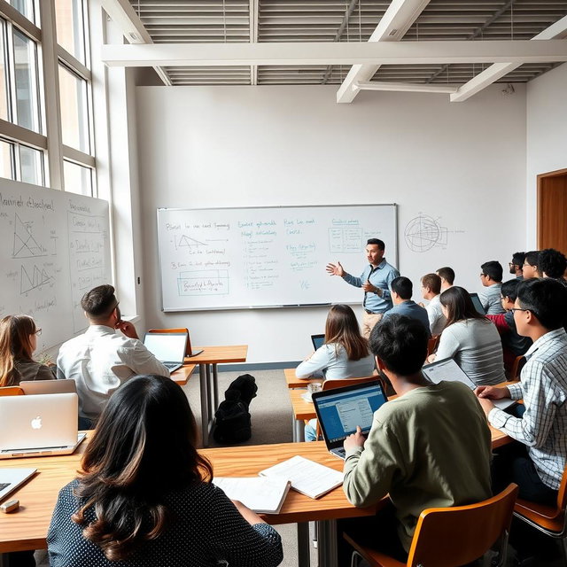 A university classroom filled with students attentively listening to a professor explaining algorithms on a whiteboard