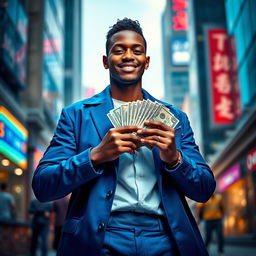 A young man wearing a stylish blue outfit, confidently holding stacks of dollar bills, standing in an urban environment