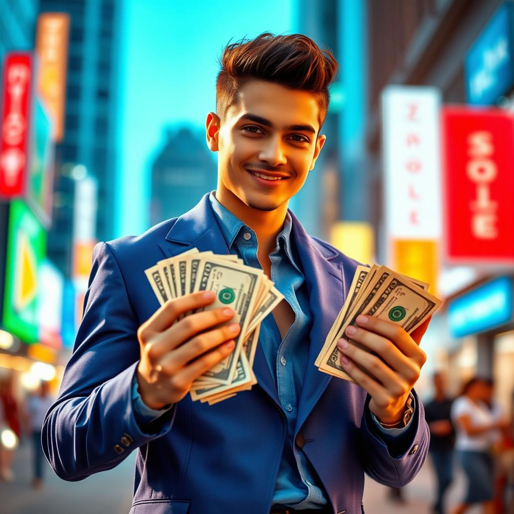 A young man wearing a stylish blue outfit, confidently holding stacks of dollar bills, standing in an urban environment