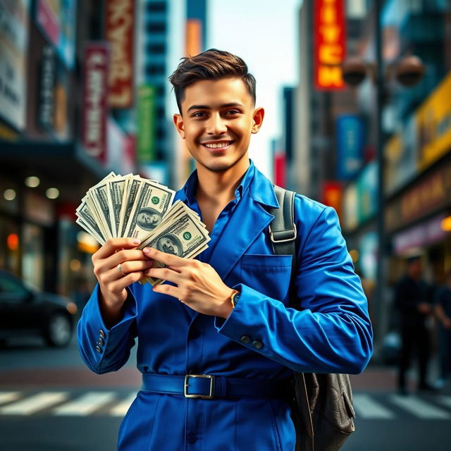 A young man wearing a stylish blue outfit, confidently holding stacks of dollar bills, standing in an urban environment