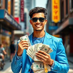 A young man wearing a stylish blue outfit, confidently holding stacks of dollar bills, standing in an urban environment