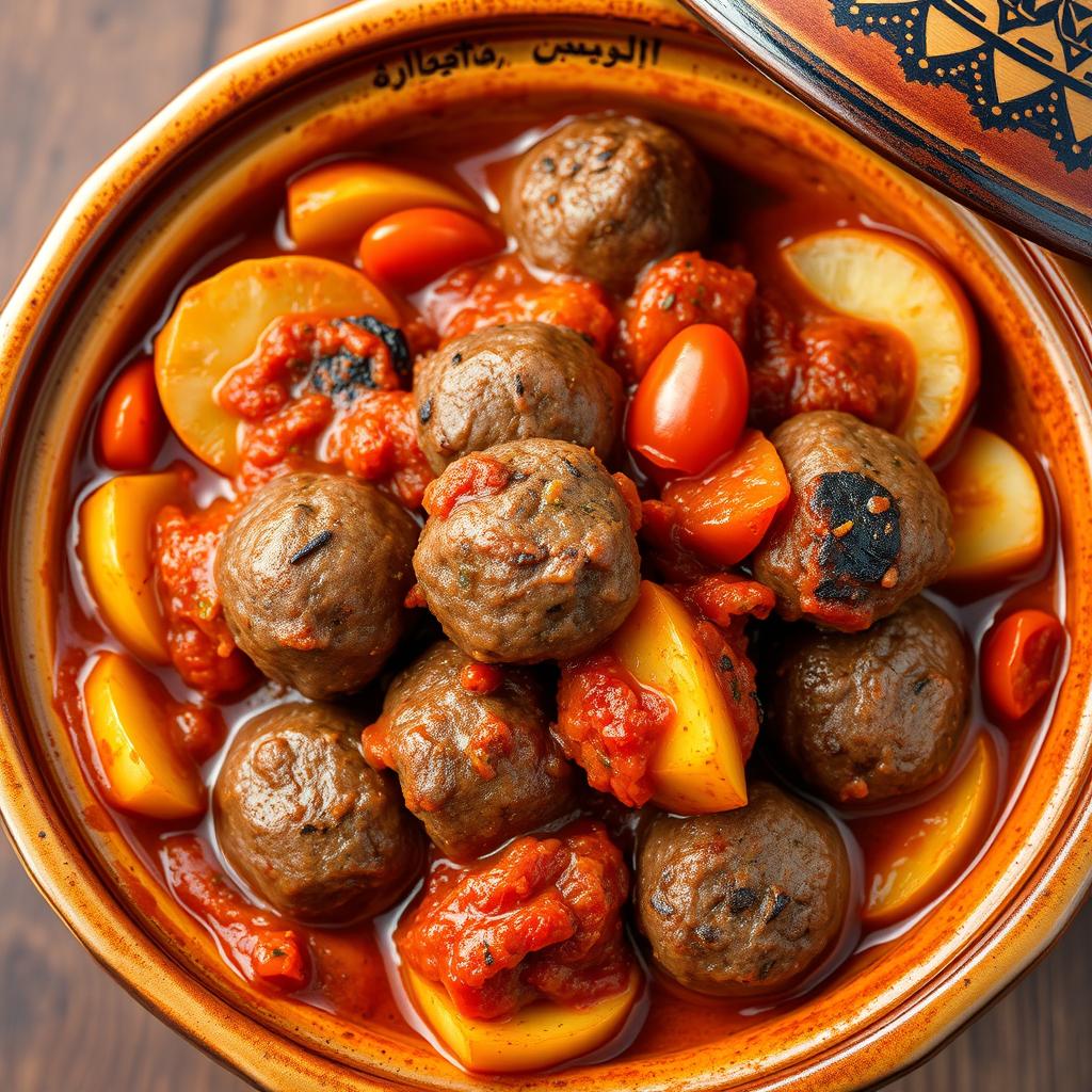 A delicious close-up of a traditional Arabic Kefta Tajine, featuring perfectly spiced meatballs, layered with golden slices of potato, ripe tomatoes, and tender onions, all generously smothered in a rich, flavorful tomato sauce