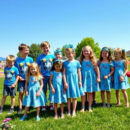 A cheerful group of young boys and girls wearing stylish blue-themed outfits, gathered in a sunny park