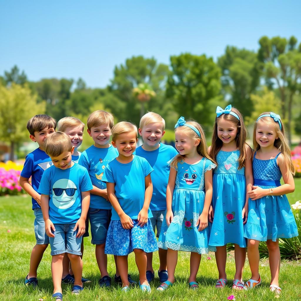 A cheerful group of young boys and girls wearing stylish blue-themed outfits, gathered in a sunny park