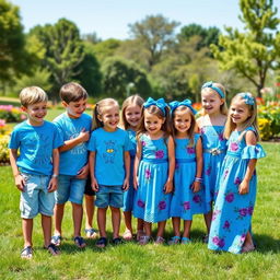A cheerful group of young boys and girls wearing stylish blue-themed outfits, gathered in a sunny park