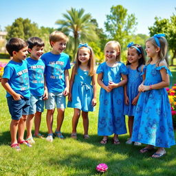 A cheerful group of young boys and girls wearing stylish blue-themed outfits, gathered in a sunny park