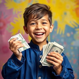 A young boy wearing a blue outfit, excitedly holding a stack of dollar bills