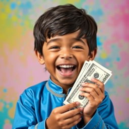 A young boy wearing a blue outfit, excitedly holding a stack of dollar bills