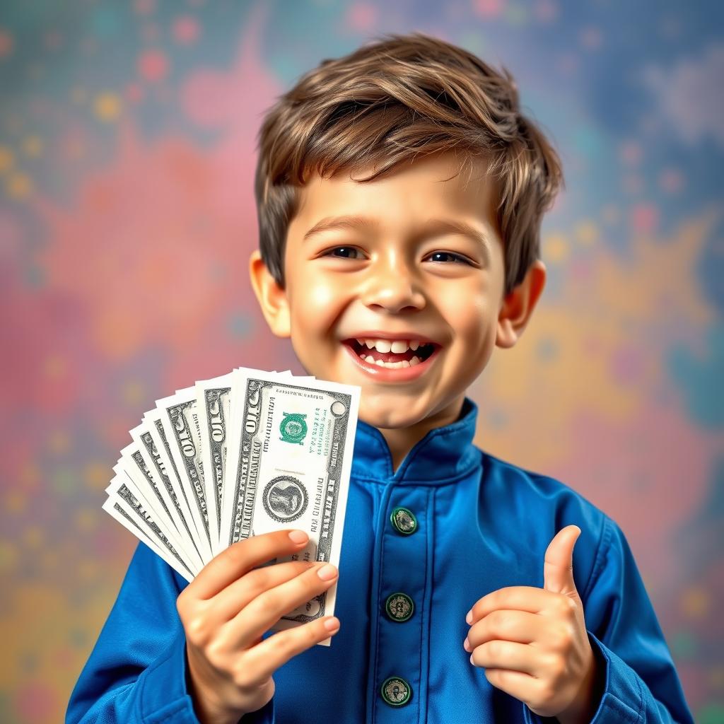 A young boy wearing a blue outfit, excitedly holding a stack of dollar bills