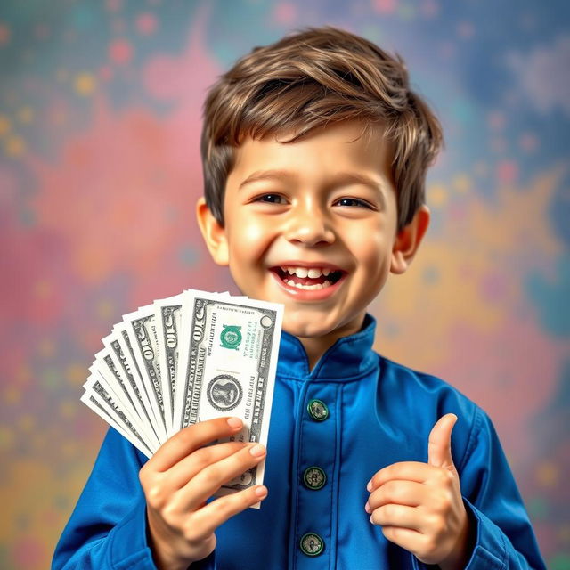 A young boy wearing a blue outfit, excitedly holding a stack of dollar bills