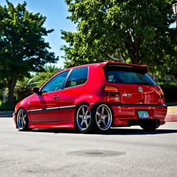 A 1998 Volkswagen Golf GTI, modified with a lowered suspension and stylish deep-dish wheels, showcasing its sporty and aggressive stance