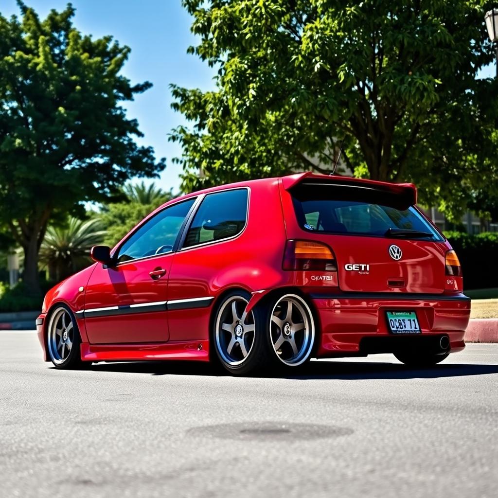 A 1998 Volkswagen Golf GTI, modified with a lowered suspension and stylish deep-dish wheels, showcasing its sporty and aggressive stance