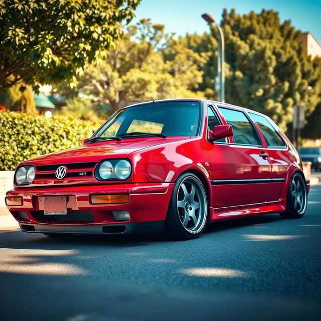 A 1998 Volkswagen Golf GTI, modified with a lowered suspension and stylish deep-dish wheels, showcasing its sporty and aggressive stance