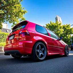 A 1998 Volkswagen Golf GTI, modified with a lowered suspension and stylish deep-dish wheels, showcasing its sporty and aggressive stance
