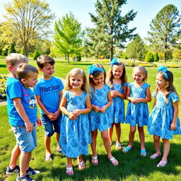 A cheerful group of young boys and girls wearing stylish blue-themed outfits, gathered in a sunny park