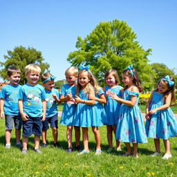 A cheerful group of young boys and girls wearing stylish blue-themed outfits, gathered in a sunny park