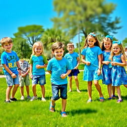 A cheerful group of young boys and girls wearing stylish blue-themed outfits, gathered in a sunny park