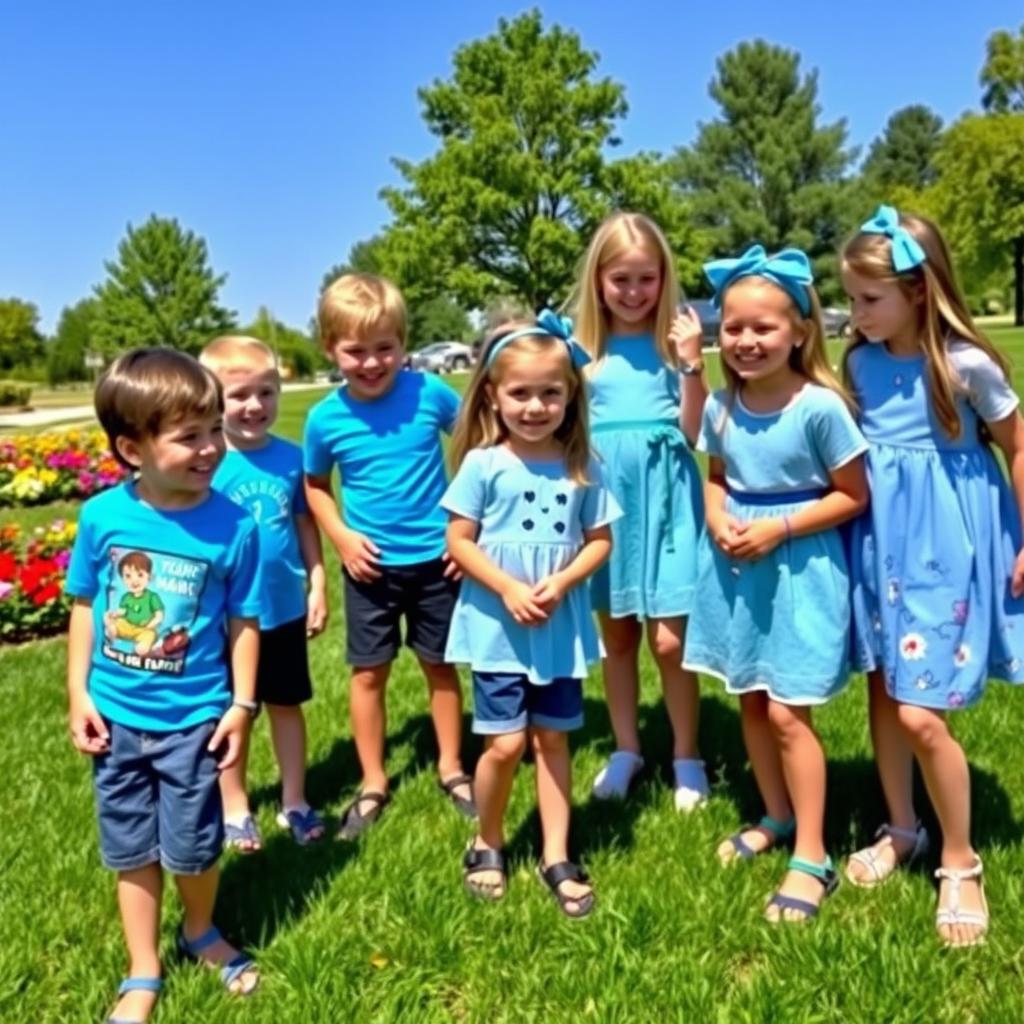 A cheerful group of young boys and girls wearing stylish blue-themed outfits, gathered in a sunny park