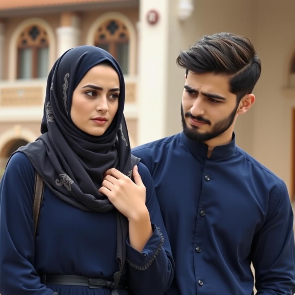 A beautiful, adult Iranian Muslim sister wearing a hijab that incorporates Islamic elements, and her handsome brother with dark hair and a well-groomed beard, both dressed in matching navy blue outfits
