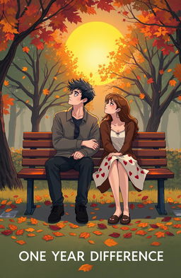 A poignant illustration of a romantic scene depicting two lovers sitting on a park bench, symbolizing an incomplete love story titled 'ONE YEAR DIFFERENCE'