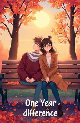 A poignant illustration of a romantic scene depicting two lovers sitting on a park bench, symbolizing an incomplete love story titled 'ONE YEAR DIFFERENCE'