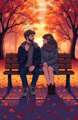 A poignant illustration of a romantic scene depicting two lovers sitting on a park bench, symbolizing an incomplete love story titled 'ONE YEAR DIFFERENCE'