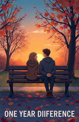 A poignant illustration of a romantic scene depicting two lovers sitting on a park bench, symbolizing an incomplete love story titled 'ONE YEAR DIFFERENCE'