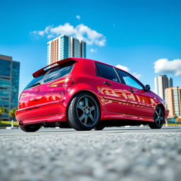 A 1998 Volkswagen Golf GTI, featuring a striking lowered suspension and eye-catching deep-dish alloy wheels that enhance its sporty appearance