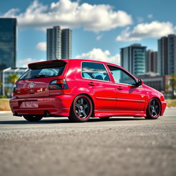 A 1998 Volkswagen Golf GTI, featuring a striking lowered suspension and eye-catching deep-dish alloy wheels that enhance its sporty appearance