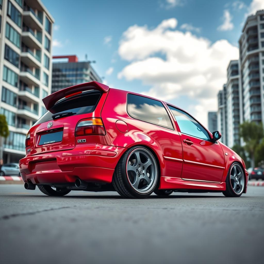 A 1998 Volkswagen Golf GTI, featuring a striking lowered suspension and eye-catching deep-dish alloy wheels that enhance its sporty appearance