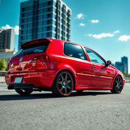 A 1998 Volkswagen Golf GTI, featuring a striking lowered suspension and eye-catching deep-dish alloy wheels that enhance its sporty appearance