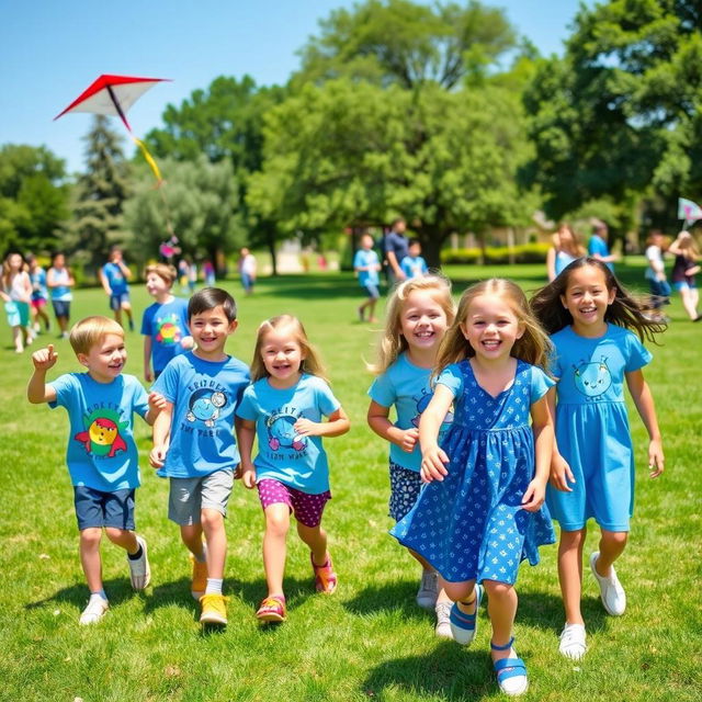 A lively scene featuring a group of young boys and girls wearing coordinating blue-themed clothes, smiling and playing together at a park