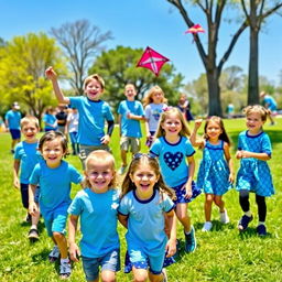 A lively scene featuring a group of young boys and girls wearing coordinating blue-themed clothes, smiling and playing together at a park