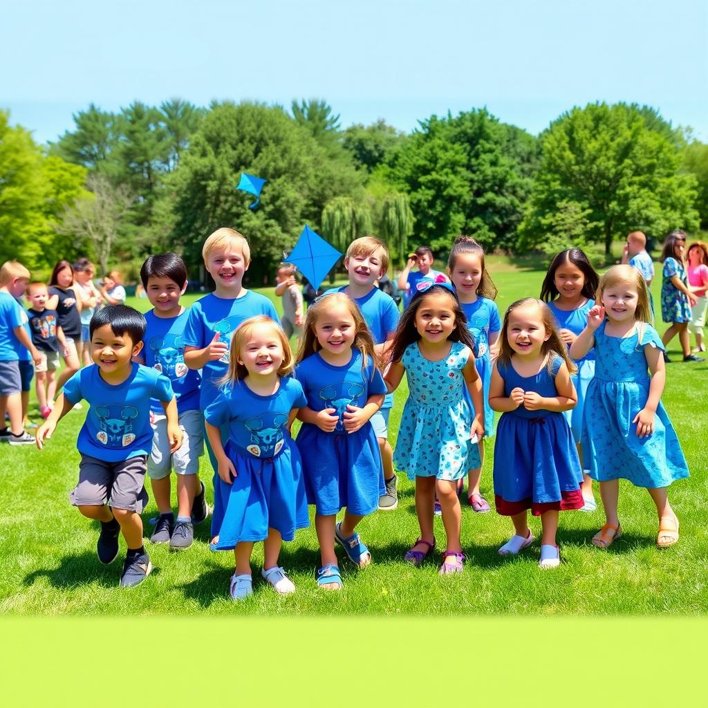 A lively scene featuring a group of young boys and girls wearing coordinating blue-themed clothes, smiling and playing together at a park