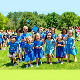 A lively scene featuring a group of young boys and girls wearing coordinating blue-themed clothes, smiling and playing together at a park