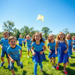 A lively scene featuring a group of young boys and girls wearing coordinating blue-themed clothes, smiling and playing together at a park