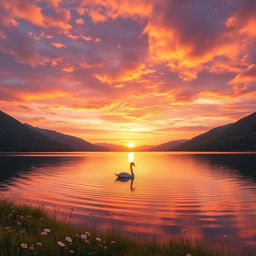 A serene sunset landscape featuring a tranquil lake surrounded by lush green hills