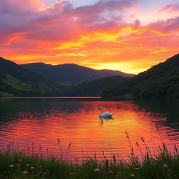 A serene sunset landscape featuring a tranquil lake surrounded by lush green hills